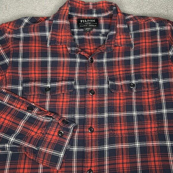 Filson Other - Filson Shirt Mens Medium Red Navy Tartan Plaid Button Front Long Sleeve Cotton